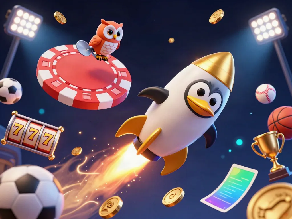 A 3D illustration of a golden penguin racing towards a casino-shaped poker chip amidst dynamic sports elements, symbolizing exciting slot jackpot action.