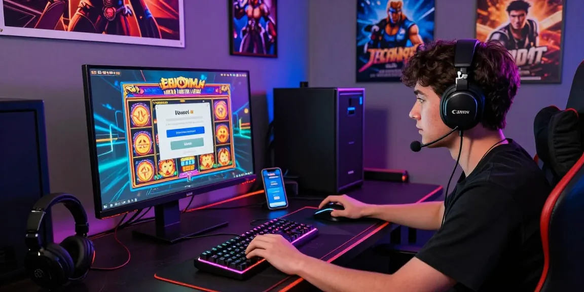 Experience deposit pulsa tanpa potongan while playing slots online, featuring an engaged gamer with colorful gaming accessories.