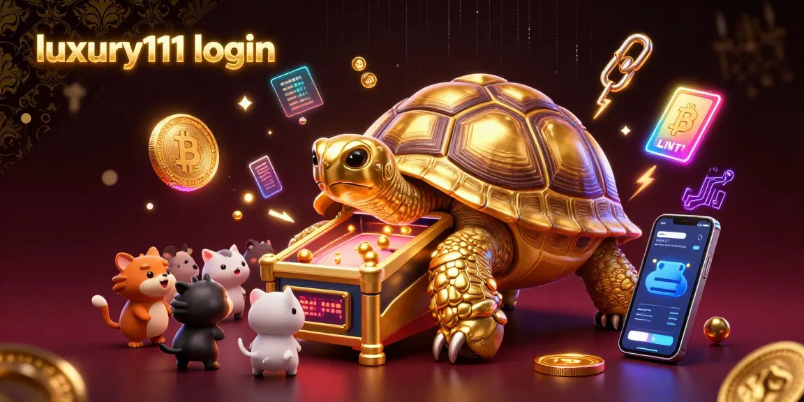 Experience luxury111 login with a vibrant 3D casino scene featuring a golden tortoise pinball machine and crypto elements.