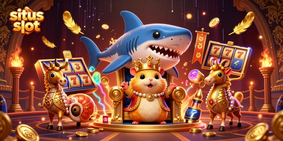 Situs slot menyuguhkan pemandangan kaya warna dengan raja hamster emas di singgasana gigi hiu, dikelilingi elemen kasino menawan.