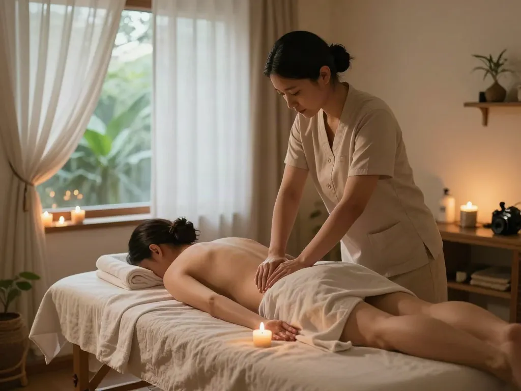 Relaxing 안양출장마사지 scene with therapist and client in tranquil setting.