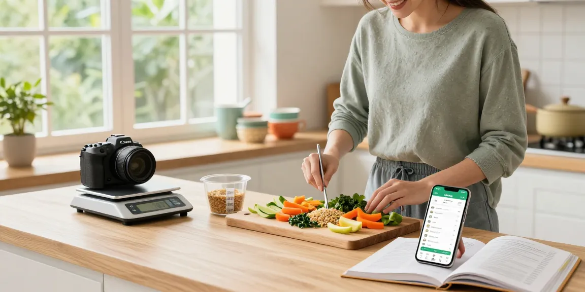 Cook preparing healthy meals while using the best food tracking apps on a smartphone in a bright kitchen.