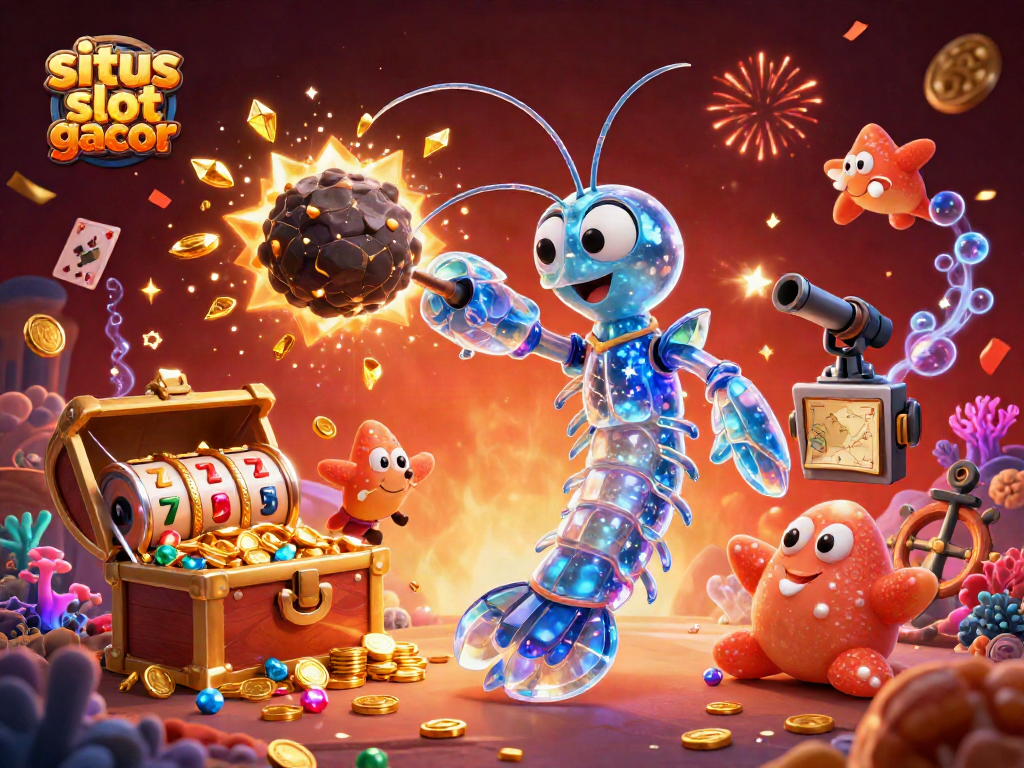 Engage with situs slot gacor featuring vibrant galactic characters, slot reels, and treasure explosions in a spectacular casino scene.