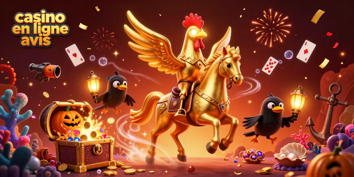 Avis sur les casinos en ligne : illustration dynamique avec des éléments de casino, des personnages captivants et des jeux d'argent.