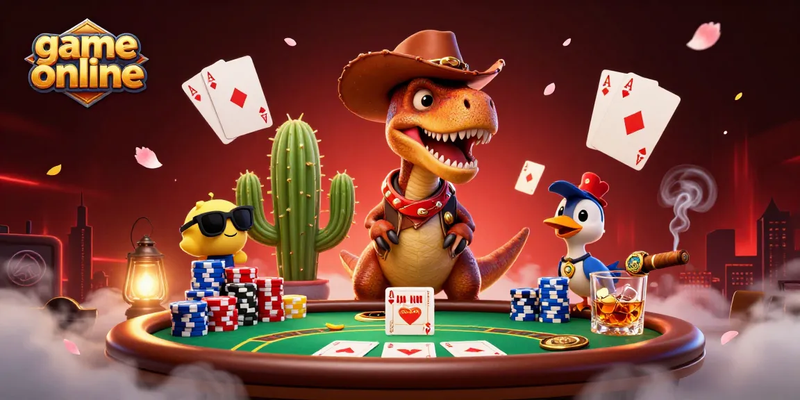 Experience thrilling action with a cartoon T-Rex at a casino table playing game online.