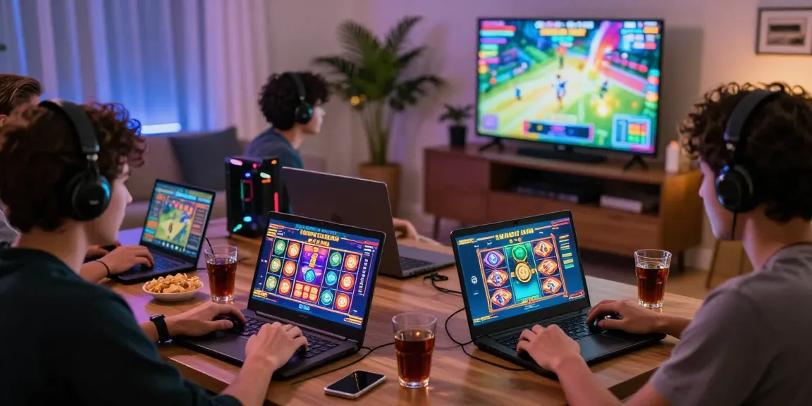 Exciting gaming scene with friends enjoying situs benihtoto on devices in a lively atmosphere.