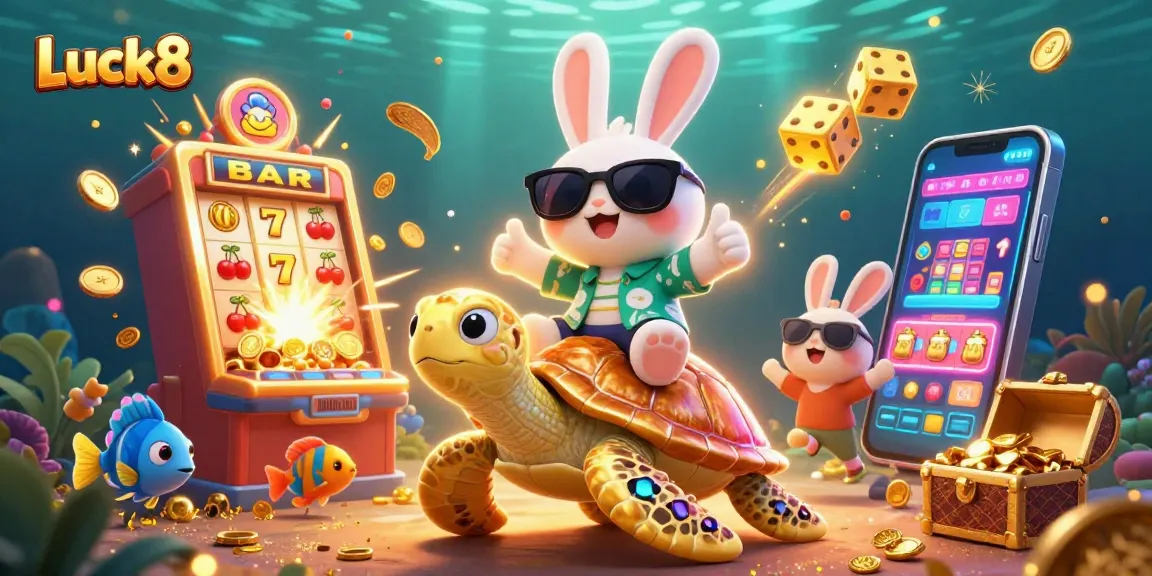 Experience the excitement of Luck8 with a vibrant illustration featuring a lucky rabbit and golden turtle amidst casino action.