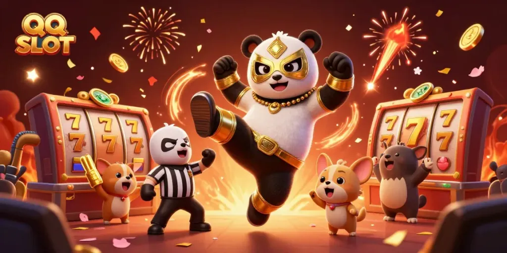 Engage with QQ SLOT in a lively casino scene with animated characters and casino elements.