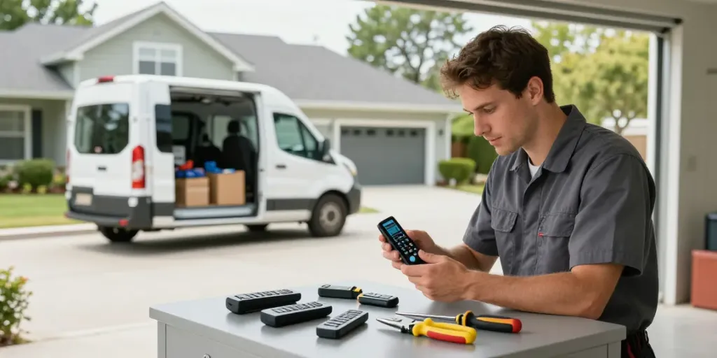 Specialist performing garage door remote replacement with tools in a sunny suburban driveway.