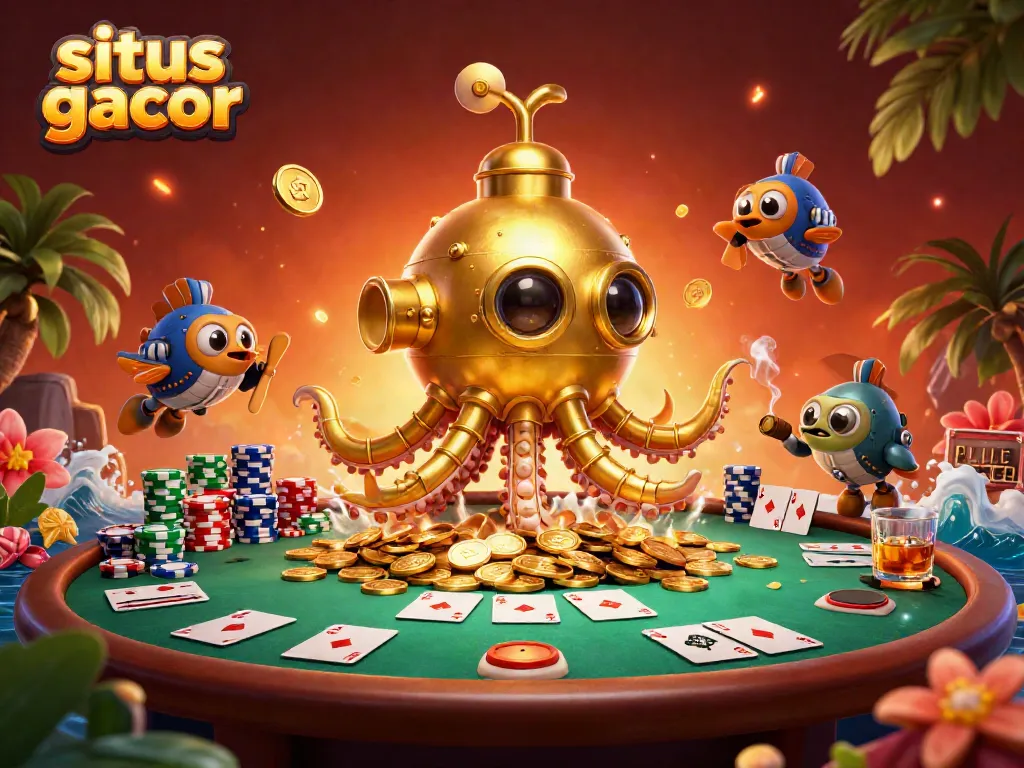 Experience thrilling gameplay at situs gacor with a vibrant 3D kraken submarine surrounded by poker elements.