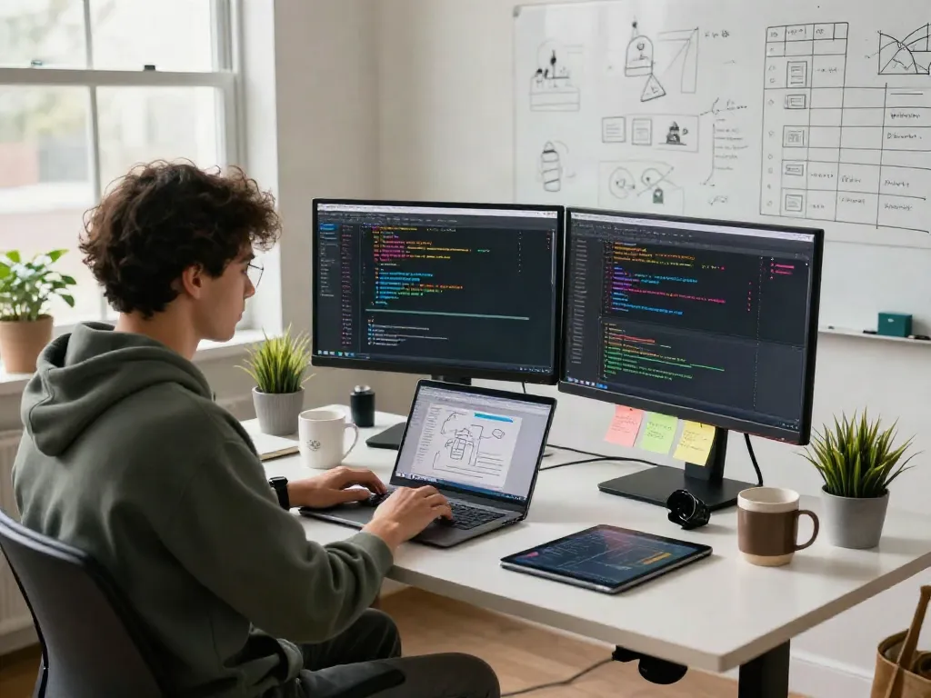 Pengembang menggunakan PGserver di ruang kerja modern, kode terpapar di layar, suasana produktif.