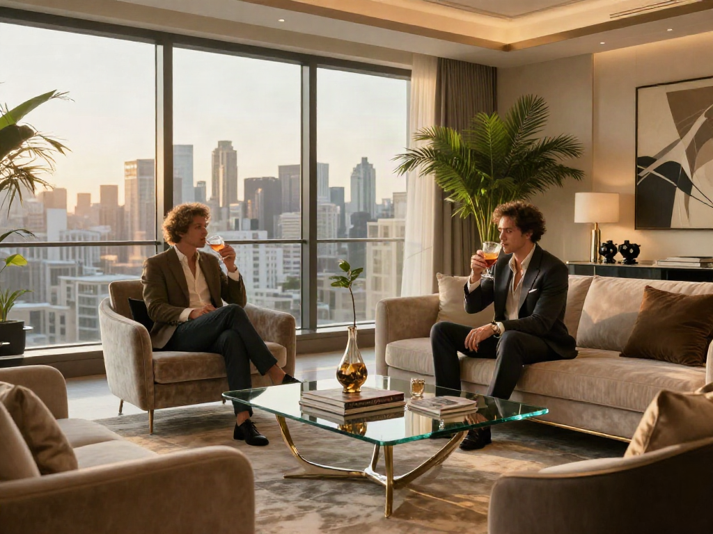 Interior penthouse mewah dengan pemandangan kota, menunjukkan gaya hidup luxury111.