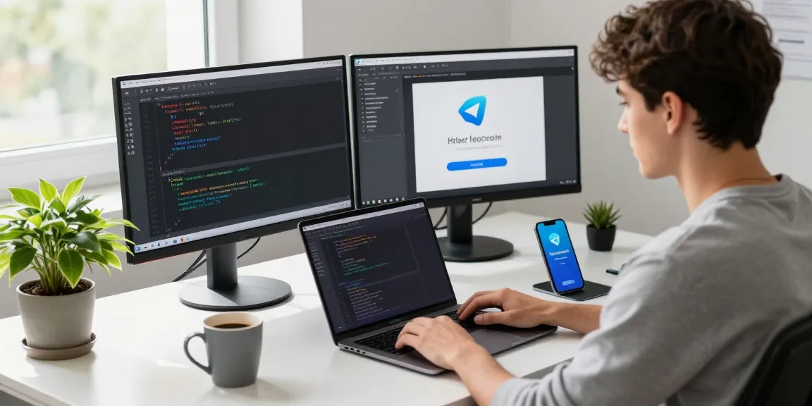 Using 纸飞机中文版 in a modern tech workspace with code and Telegram interface, showcasing an inviting developer environment.