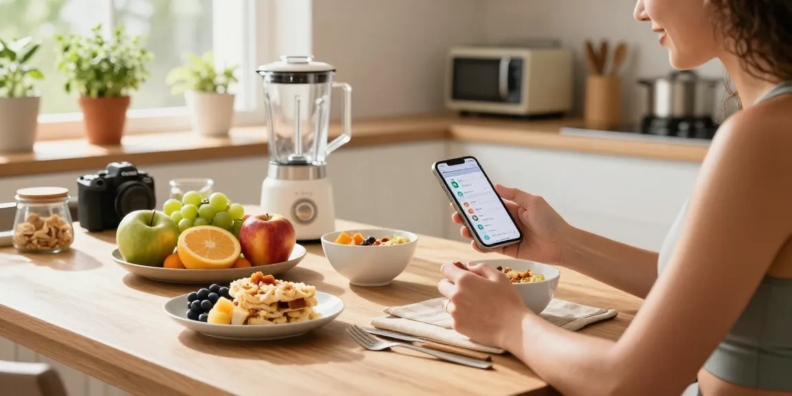 Logging meals on the best calorie tracking app in a bright kitchen.