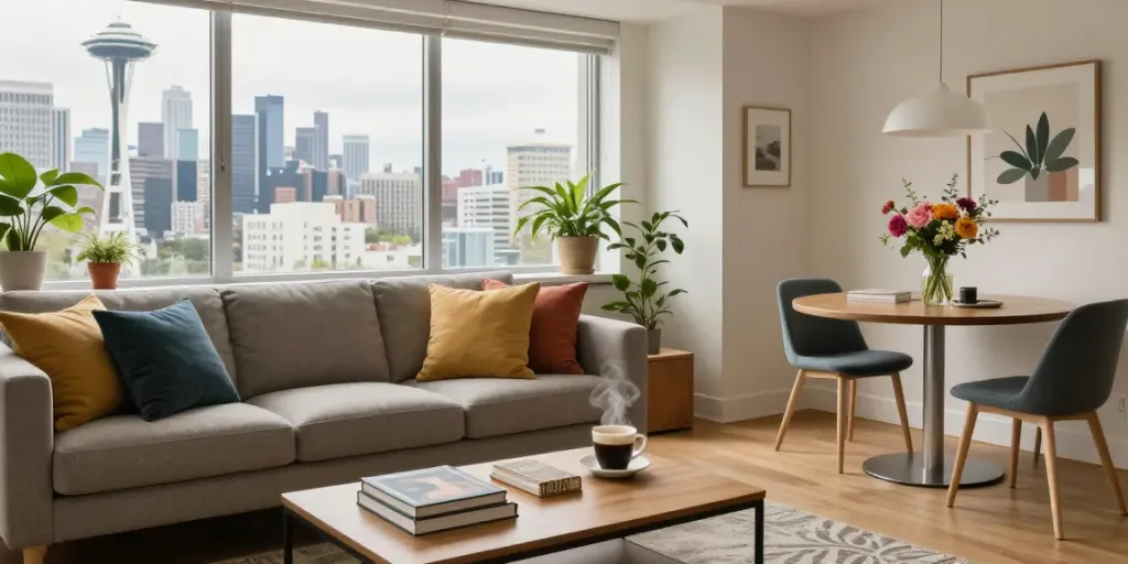 Modern furnished apartments in Seattle featuring stylish living spaces and skyline views.