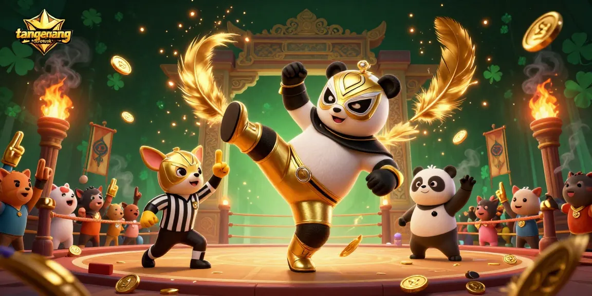 Gambarlah tangerangnetwork yang menunjukkan panda pegulat terbang di arena kasino yang megah.
