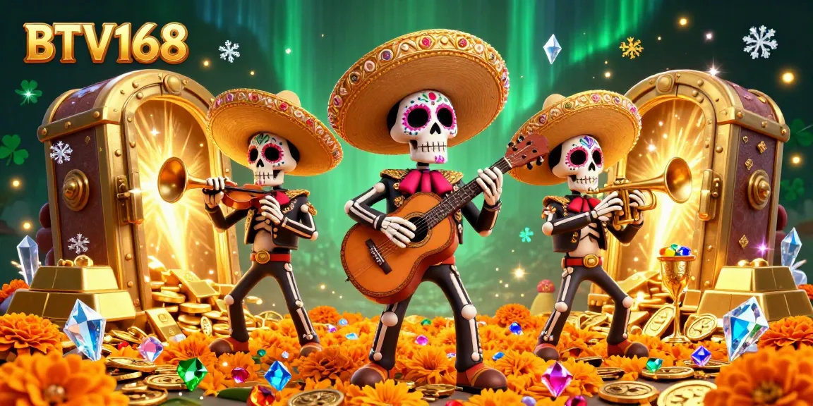 BTV168 offers a vibrant view of a Dia de los Muertos mariachi band amid a treasure-filled casino scene.
