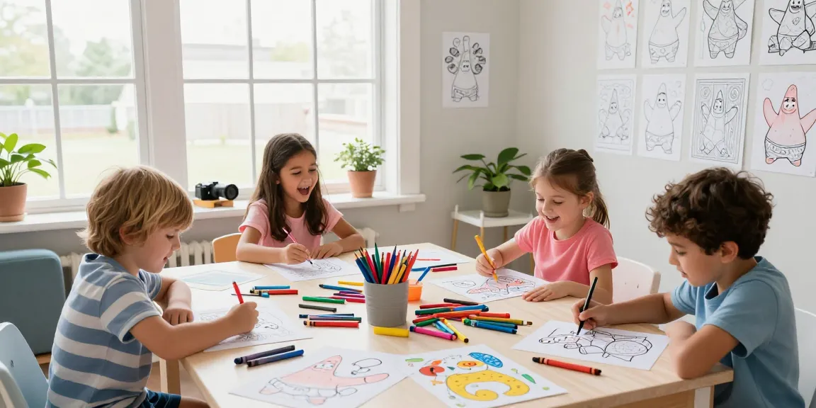 Children coloring Seasonal coloring pages of Patrick Star in a bright and playful art studio.