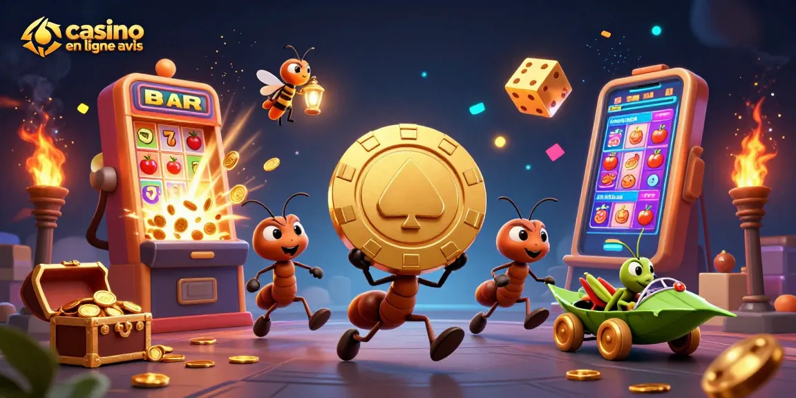 Une illustration de casino en ligne avis avec des fourmis en plein vol transportant une puce de poker dorée.
