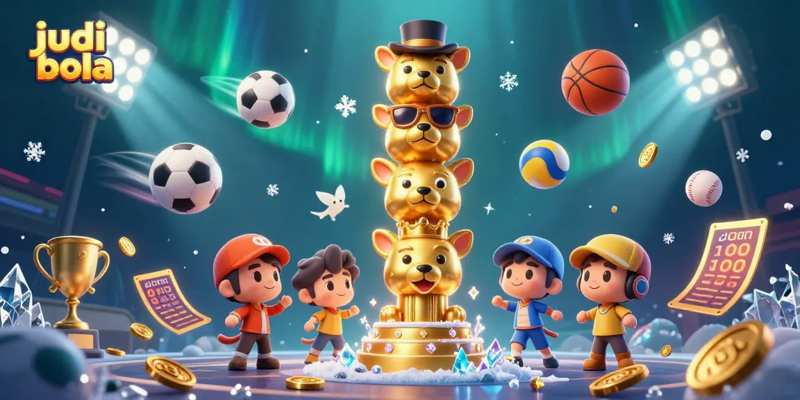 Engage in judi bola betting with a vibrant 3D scene featuring a golden totem pole and dynamic sports elements.
