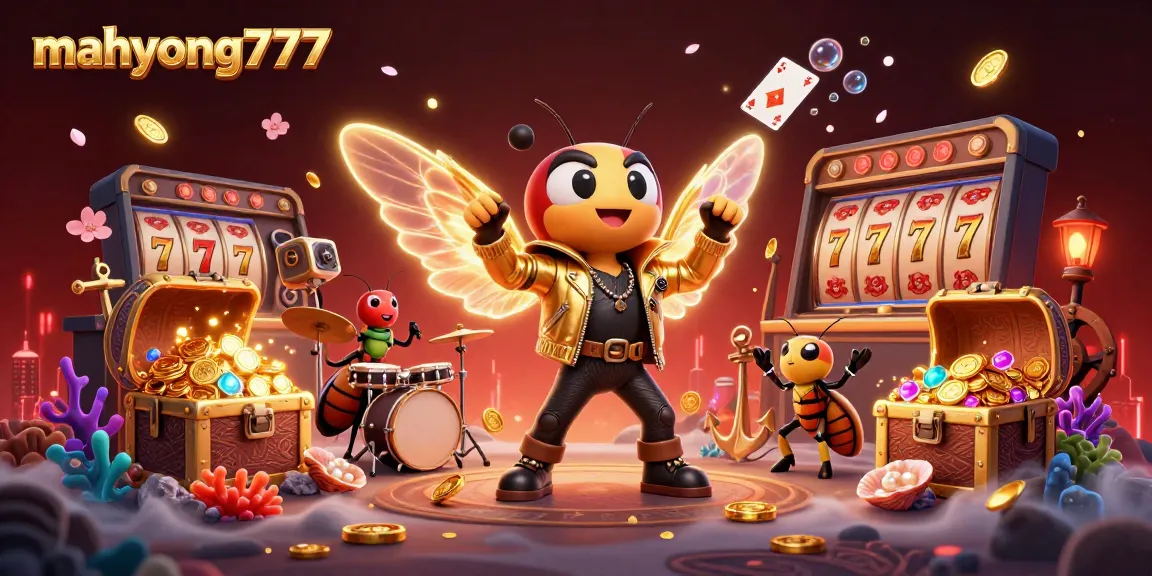 Engage with mahyong777's vibrant casino scene featuring dynamic characters and slot elements.