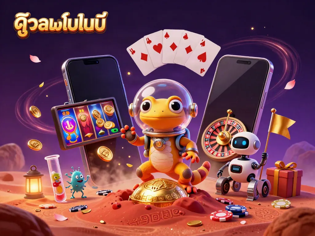 Experience ดูบอลออนไลน์ with a fun 3D Martian gecko playing in a golden casino setting filled with interactive gambling elements.
