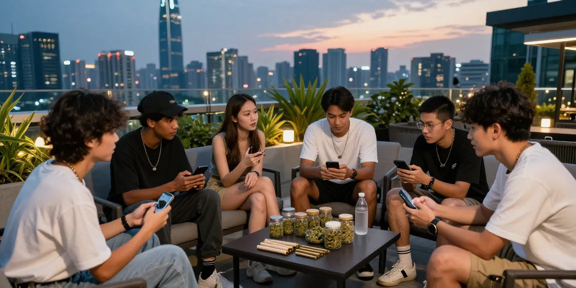 Where Can I Find High Quality Weed In Malaysia? Best Guide showcasing friends discussing cannabis strains on a rooftop in Malaysia