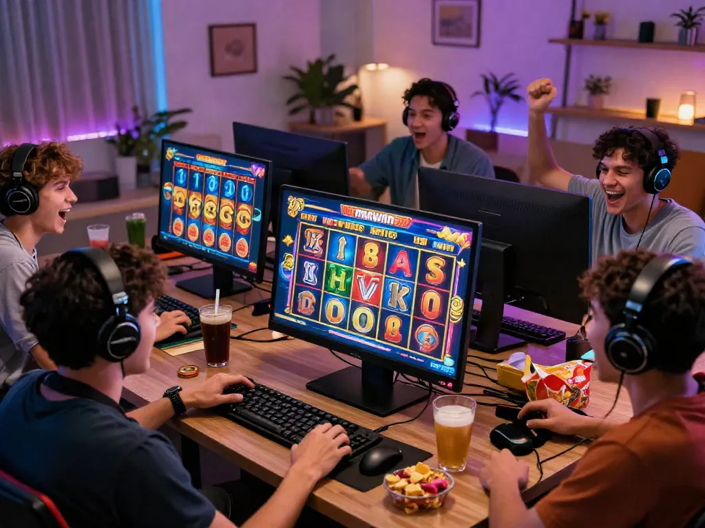 Engaged players celebrating a win while enjoying slot gacor maxwin games in a cozy gaming room filled with excitement.