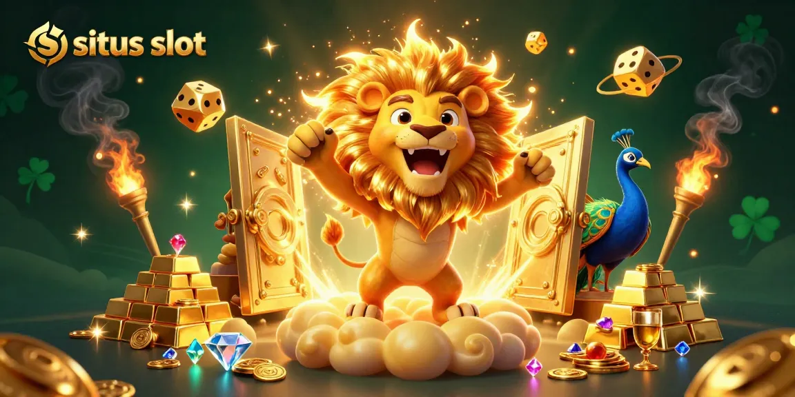 Menangkan permainan di situs slot dengan karakter slot dan harta karun mengelilingi singa berapi.