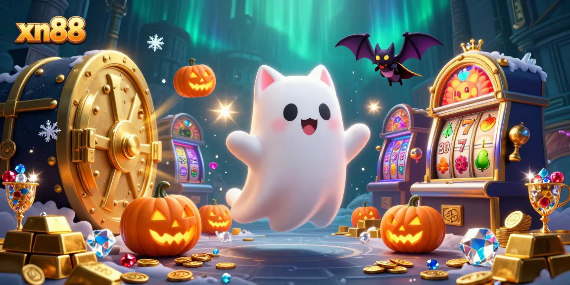 Immerse in xn88 slots with a ghost cat in a haunted casino scene, featuring vibrant treasures and spooky elements.