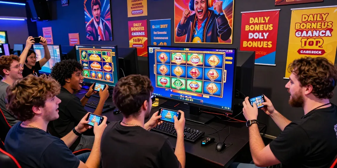 Players engaged in KECAK4D online slots amidst vibrant gaming atmosphere