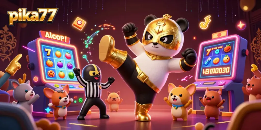 Experience excitement with pika77's thrilling slots, highlighted by dynamic 3D illustrations of engaging creatures and casino elements.