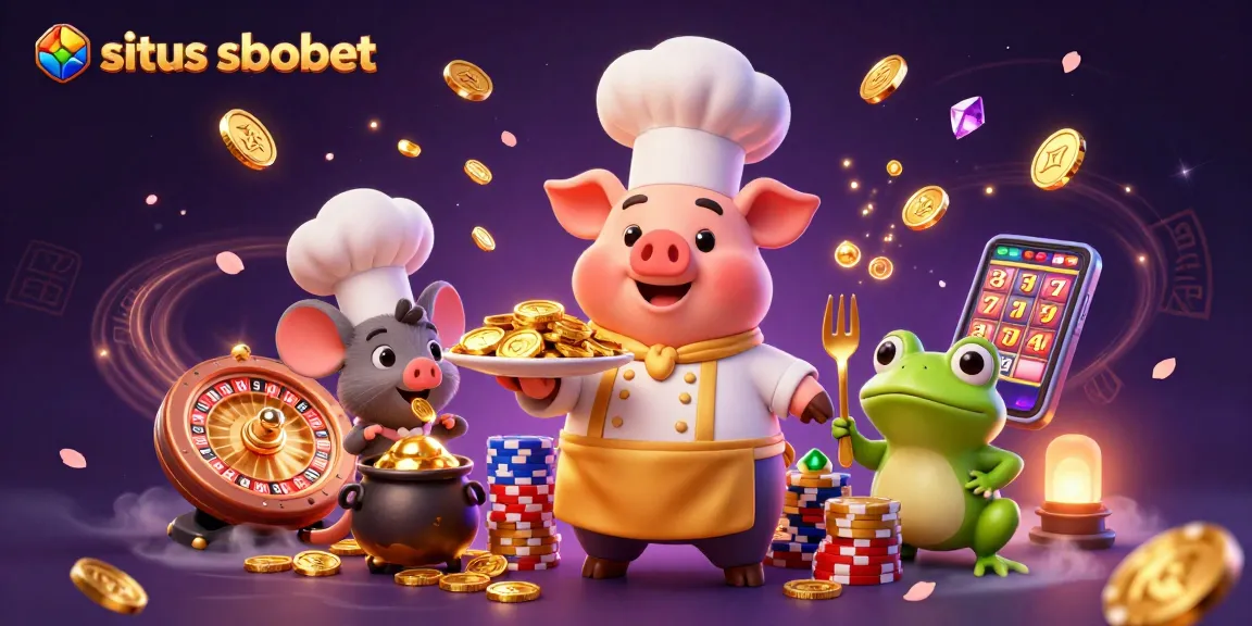 Bet on situs sbobet with a vibrant scene of a pig chef serving gold coins, enriched with casino elements.