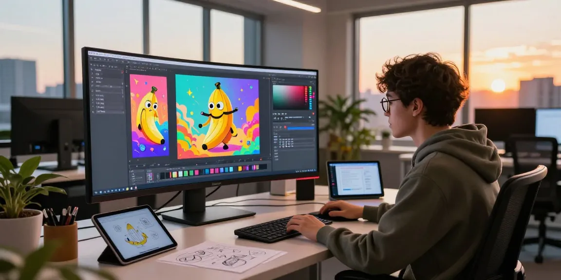 Designer using nano banana 2 in a vibrant digital workspace.