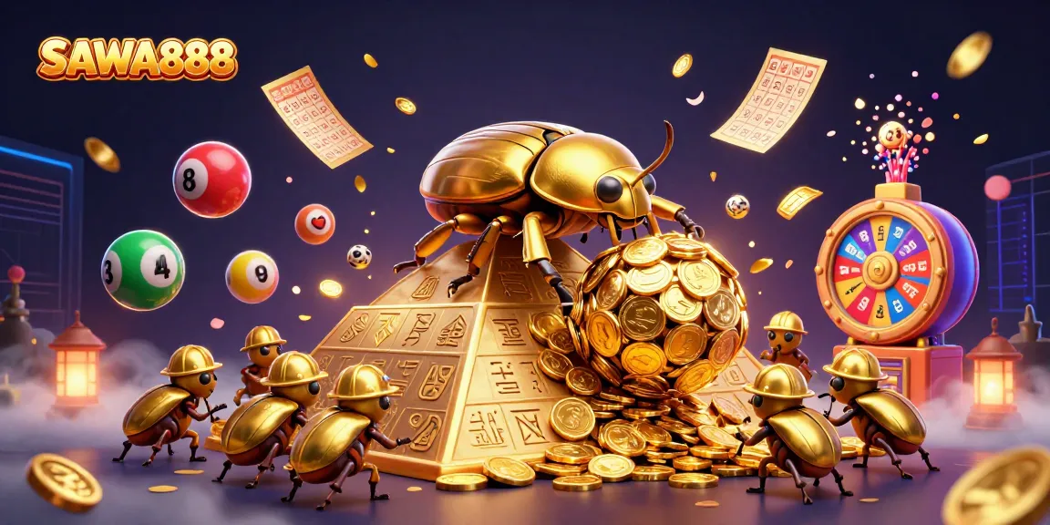 SAWA888 showcases dynamic casino action with colorful lottery balls and golden tickets in a vibrant gaming scene.