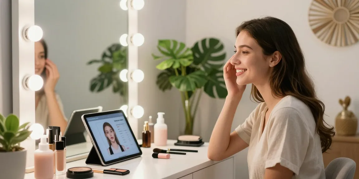 Smiling woman evaluating her attractiveness test results in a beauty studio.