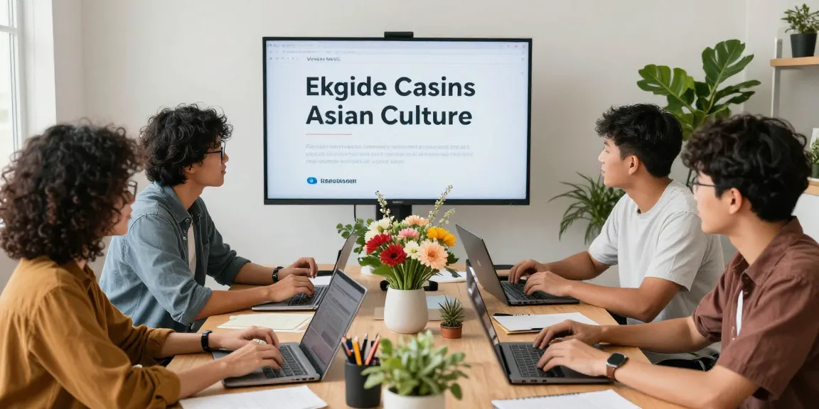 Creative team brainstorming content about Asian culture in Spanish at https://hanadultalk.com with diverse elements and bright atmosphere.