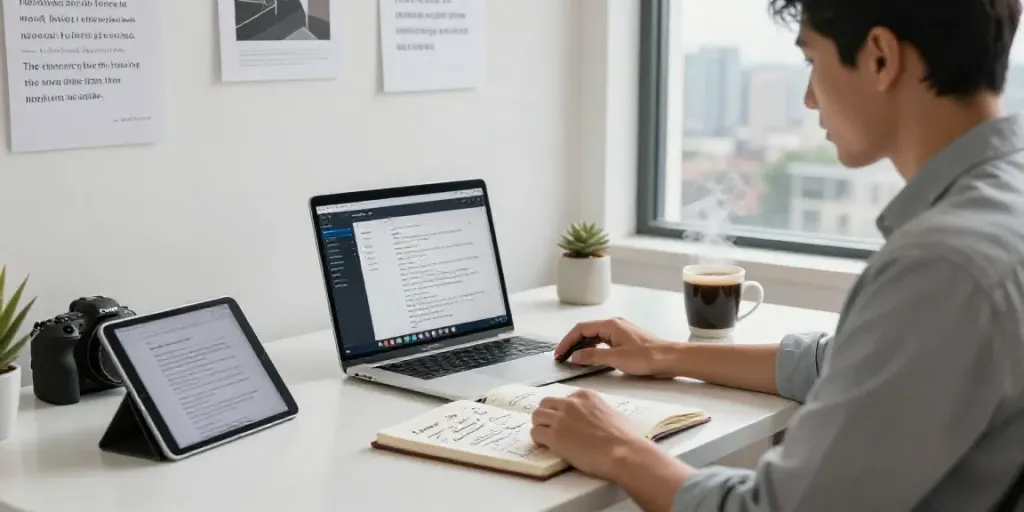AI writing tools for entrepreneurs being used in a modern workspace.