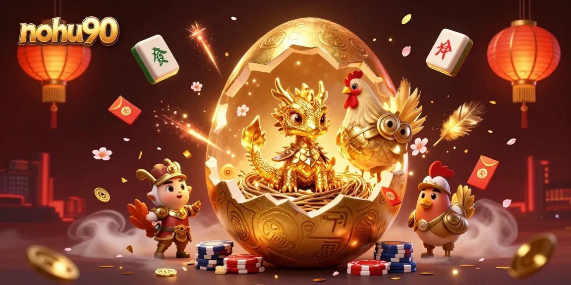 Nohu90 captures the excitement of online gambling with a golden baby dragon and poker chips in a vibrant scene.