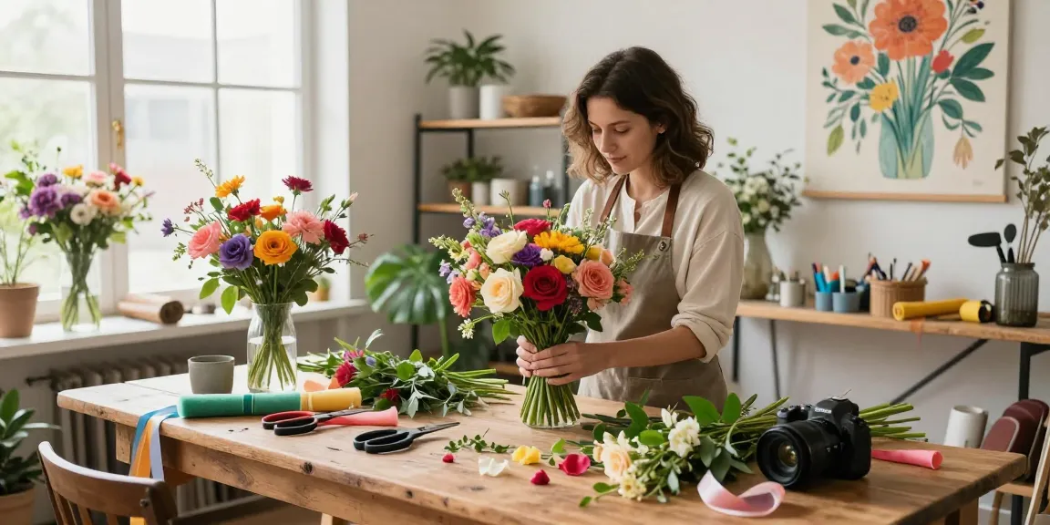 Florist creating a beautiful bouquet at a MODALWD flower workshop, showcasing vibrant seasonal blooms and artistic tools for floral arrangement.