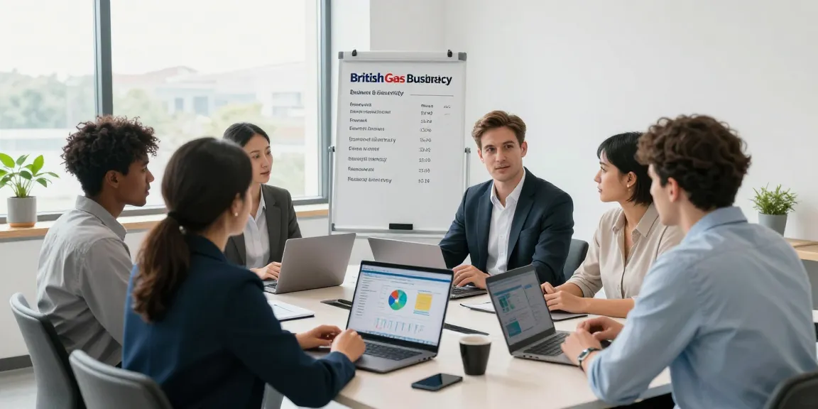 Diverse office team discussing British Gas business electricity options around a conference table, modern professional setting.