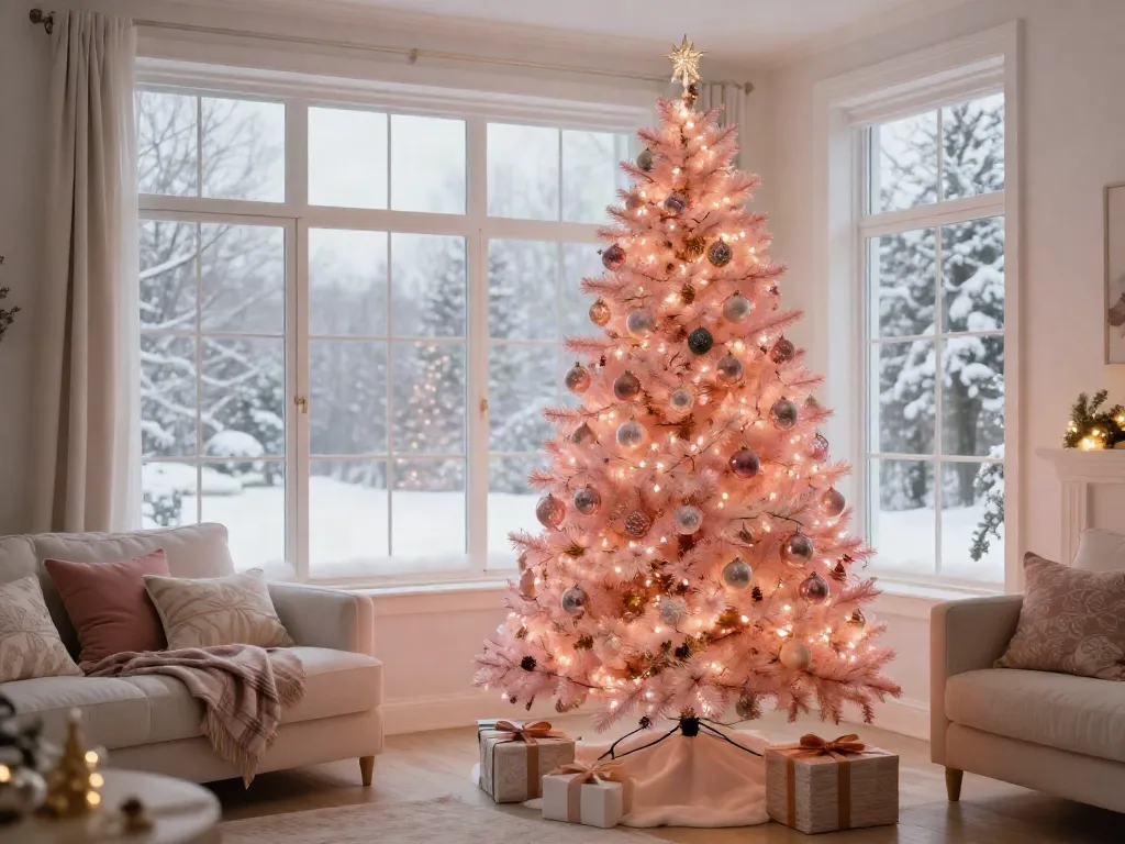 Beautiful light pink Christmas tree adorned with ornaments in a cozy festive living room.