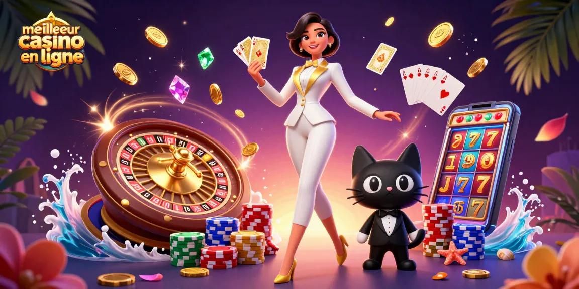 Gagnez gros au meilleur casino en ligne avec une scène glamour présentant une femme mélangeant des cartes dorées aux côtés d'un chat stylé.
