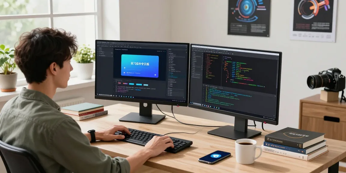 Developer focusing on coding the 纸飞机中文版 app in a modern office.