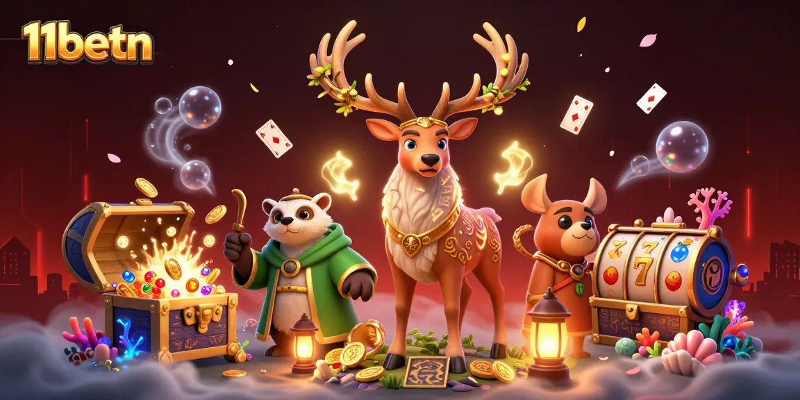 Experience the thrill of 11betn with a magical casino scene featuring a Celtic druid stag and engaging slot games.