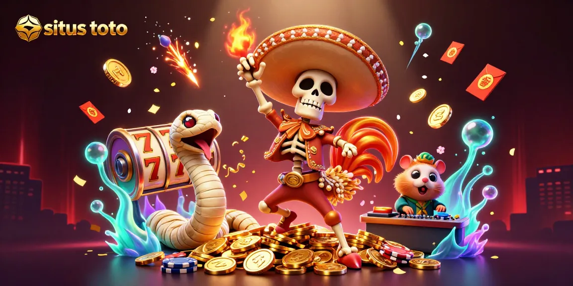 Experience situs toto excitement with a victory dance of characters surrounded by slot reels and golden coins.