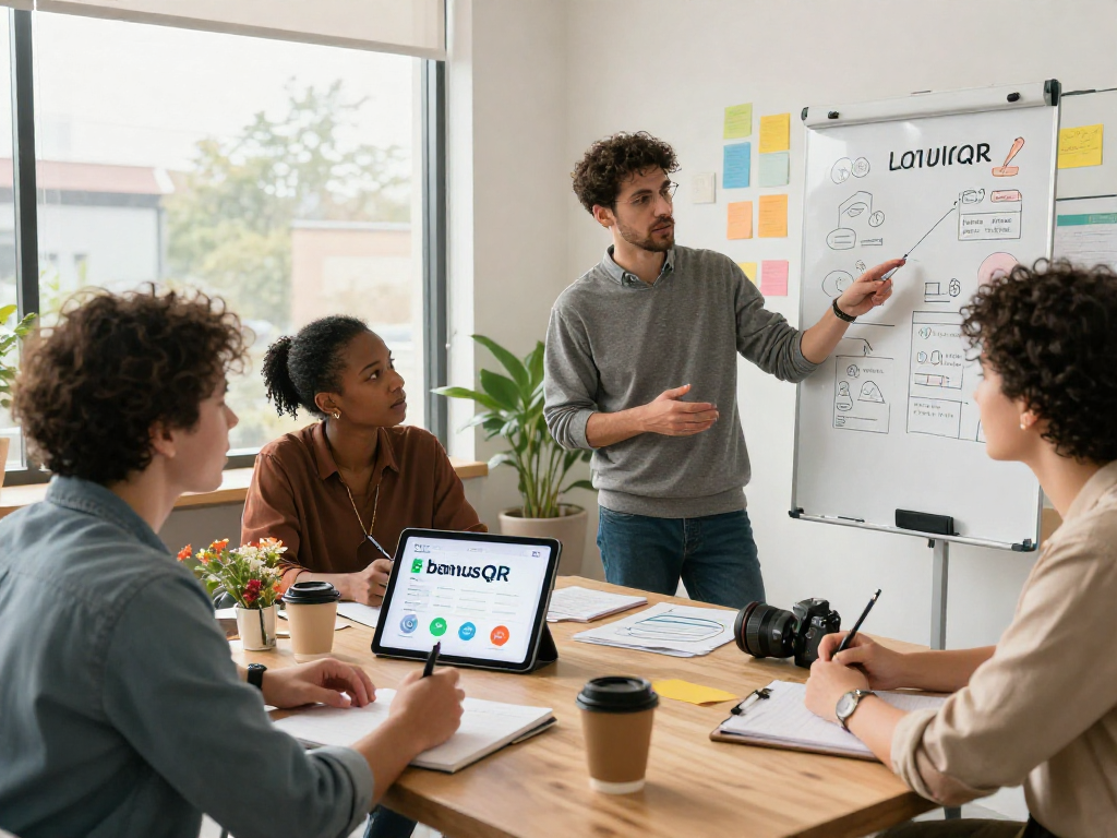 Diverse small business owners collaborating on a loyalty application setup, engaging with BonusQR tablet and strategy notes.
