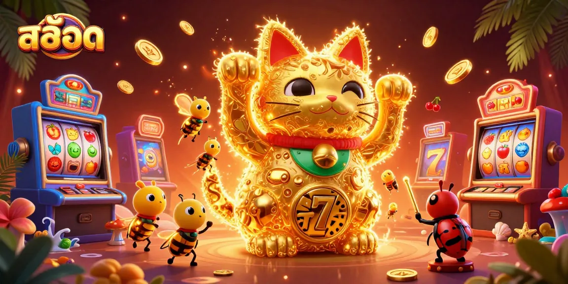 Spin the reels of สล็อต with a lucky cat and vibrant slot symbols in a dynamic casino scene.
