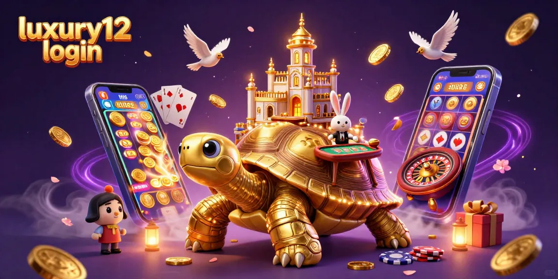 Experience the excitement of luxury12 login with vibrant casino elements and a lively scene featuring a golden tortoise.