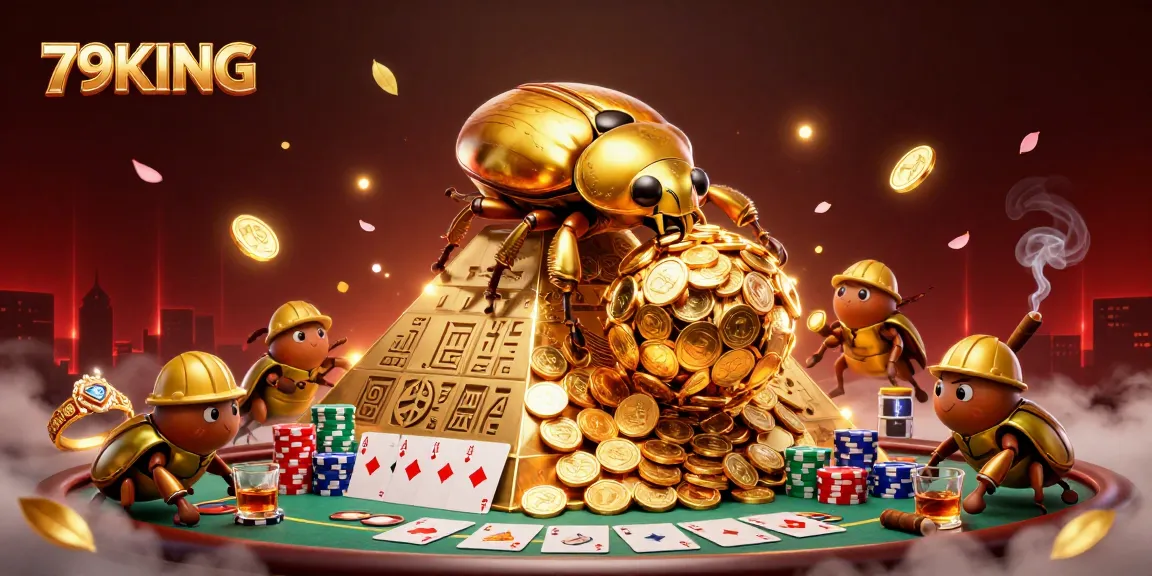Experience winning moments with 79KING as golden beetles roll coins among dynamic casino elements.